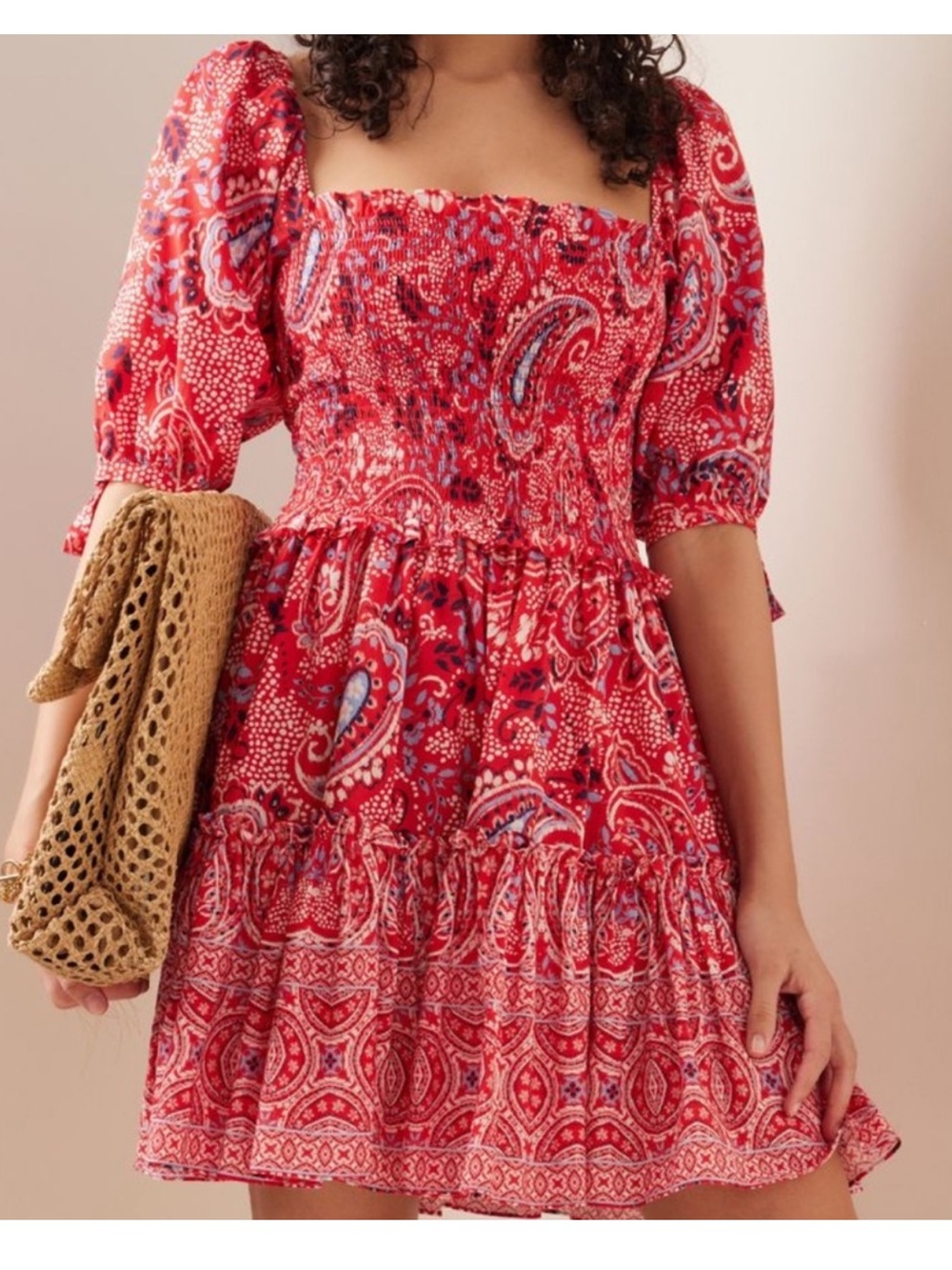 Cara Cara Red Paisley Smocked Mini Dress S